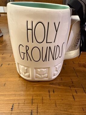 Rae Dunn White Mug with Mint Interior - HOLY GROUNDS